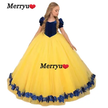 Прекрасна празнична рокля на принцеса, рокля с цветя модел за момичета, сняг-бяла рокля с пищни ръкави и лък, апликация на рожден ден, на церемонията за първи причастие