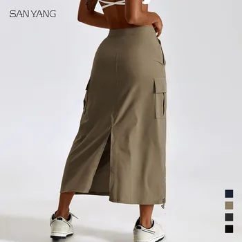 Поли-карго жените с големи джобове градинска ежедневни мешковатая лятна нова дълга пола с завязками хем и висока талия в стил хипи
