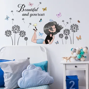 2 бр., мультяшная стикер на стената с глухарче, малко момиченце, пеперуда, Хол, спалня, декоративни стенни стикер, тапети Ms2138