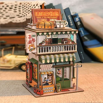 3D дървена пъзел хонг конг чайна пъзел САМ миниатюрна къщичка книжен ъгъл комплект куклена къща bookshelf комплекти играчки детски подарък