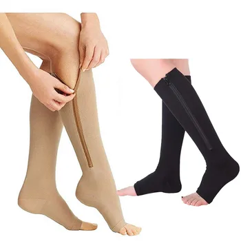 Висококачествени мъжки, дамски ластични разтеглив компресия чорапи с отворени пръсти, поддържащи крака чорапи до коляното чорапи за йога с цип