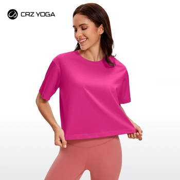 CRZ Женски ризи за йога свободно намаляване от памук и полиестер с къс ръкав, съкратен блузи, ежедневни тениски за тренировки