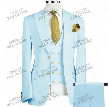 3 предмет, мъжки костюми за сватба, двубортный жилетка, приталенные костюми на младоженеца, италиански светло сини сватбени смокинги, яке + панталон + елек