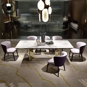 Луксозна мраморна дълга модерна трапезария, трапезни маси и столове, висококачествени мебели