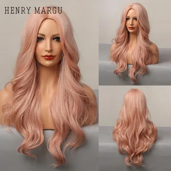 ХЕНРИ МАРГУ, светло розово перука, изработени от синтетична коса за жени, африка, средна част, дълги къдрави, топлоустойчив, за cosplay, Лолита, перука за всеки ден, изкуствени коси