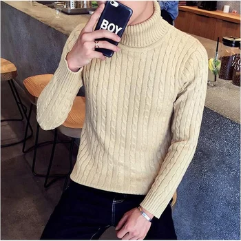 BROWON, корейски модерен мъжки пуловер с висока воротом, зимна нов обикновен мек топъл усукани пуловер, приталенная мъжки дрехи с черепашьим деколте