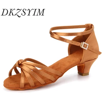 DKZSYIM/ модни копринени обувки за латино танци, дамски професионални обувки за танци в стил балната зала танго, сандали за партита на ниски ток 4,5 cm