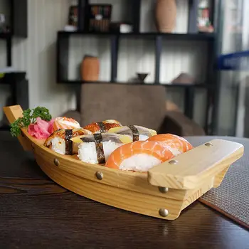 Дървен поднос за суши и сашими във формата на кораб в японски стил, трайно творческа ястие, украса за кухненски съдове, украшения