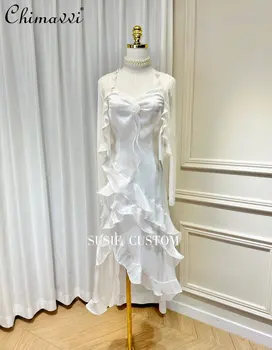 Страхотна бяла рокля трапецовидна форма с обемен цветен модел на талията, женствена рокля с волани, пролет-лято 2023, жилетка с дървени уши, нов стил