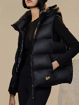 Пуховик с качулка за жени, есен-зима 2023, нови модни реколта черни палта без ръкави, ежедневни жилетки с цип, паркове