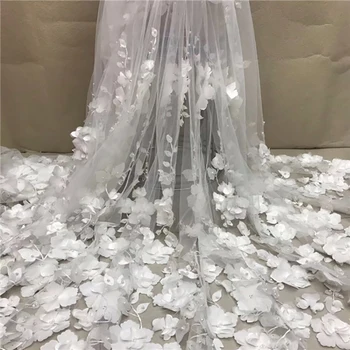 Бели 3D Мъниста Лейси Висококачествени Тъкани на Окото Бродерия Апликация Тюл Нигерийски Вечерни Дантелен Плат За Младоженци LY1355