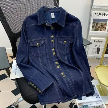 Тъмно син деним риза с метални копчета в стил ретро, дамски връхни облекла за пролетта и есента 2023, дизайнерска тениска за малцинствата, жените