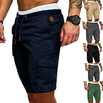 Мъжки къси панталони-карго, панталони, ежедневни летни, плажни, спортни панталони за фитнес, прости ластични шорти за бягане
