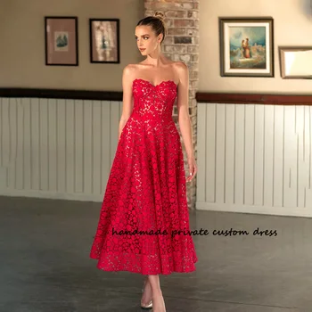 Червени дантелени рокли за абитуриентски бал, корсет с камъни, елегантна сватбена рокля трапецовидна форма, чаена дължина, рокля, за да празнуват завръщането си у дома фея