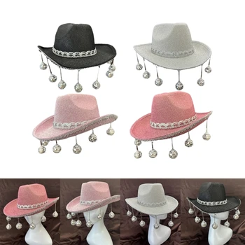 Дамски лъскава ковбойская шапка с диско топки, подвесная ковбойская шапка за музикален фестивал, карнавал, парти, клуб, подпори за фотосесия