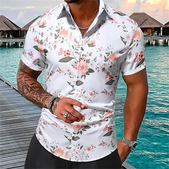 Хавайски мъжка риза с плажни цветисти принтом, къс ръкав, мъжки модни тениска с ревера и бутони, новост 2023, мъжка риза голям размер