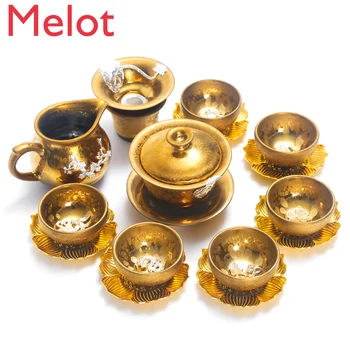 Луксозен посеребренный чай Маслени капки от эмалированного чугун Пълен набор от керамика кунг-фу Домакински чаена чаша от сребро арт